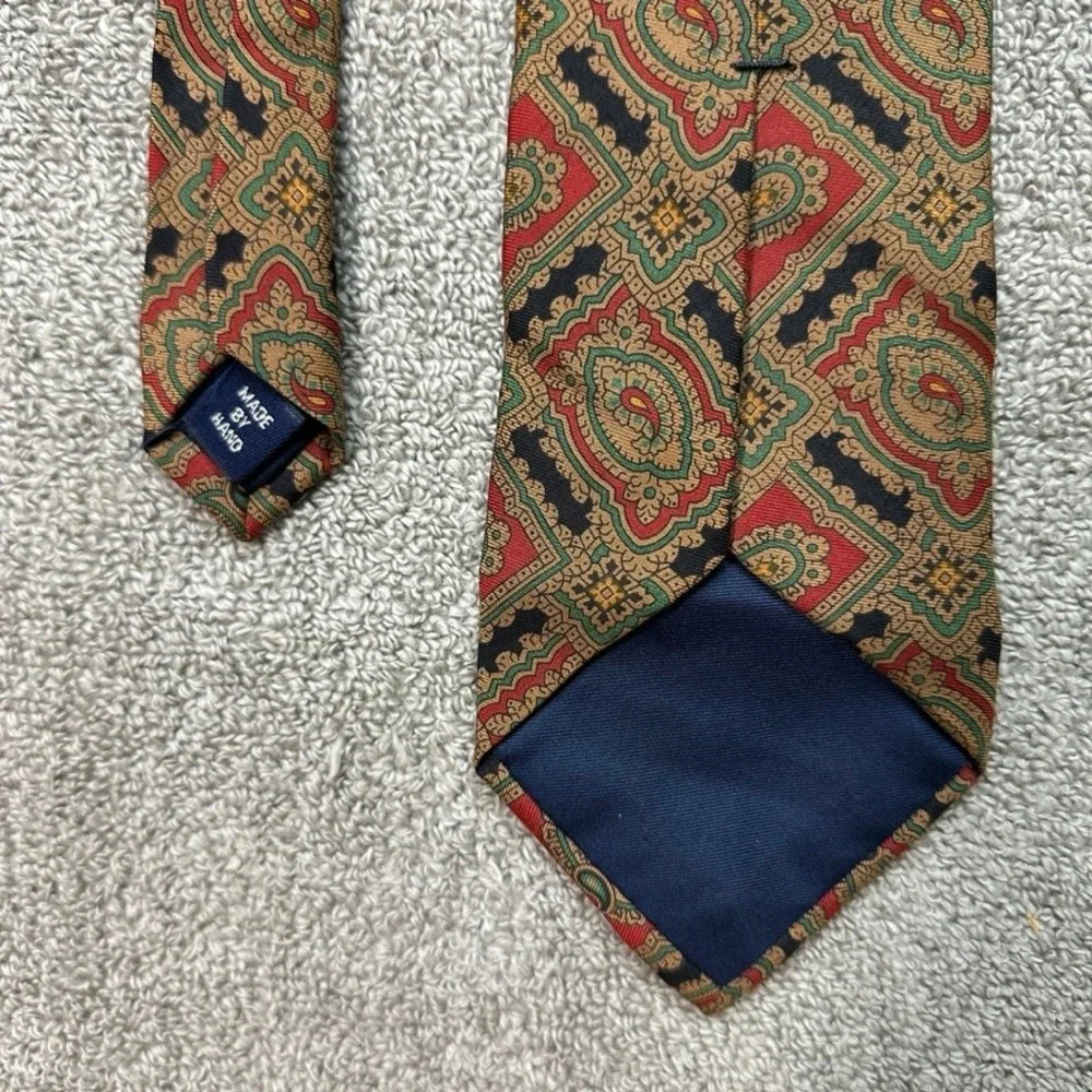 Polo Ralph Lauren Silk Tie Red Green Paisley Medallion Geometric Made by Hand